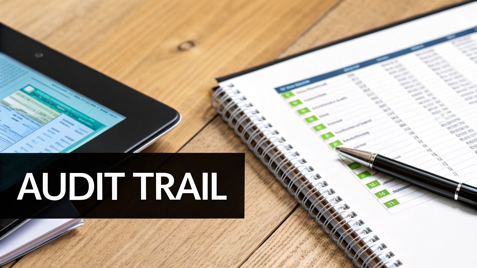 A tablet and a notebook with an audit checklist and a pen on a wooden desk, displaying 'AUDIT TRAIL'.