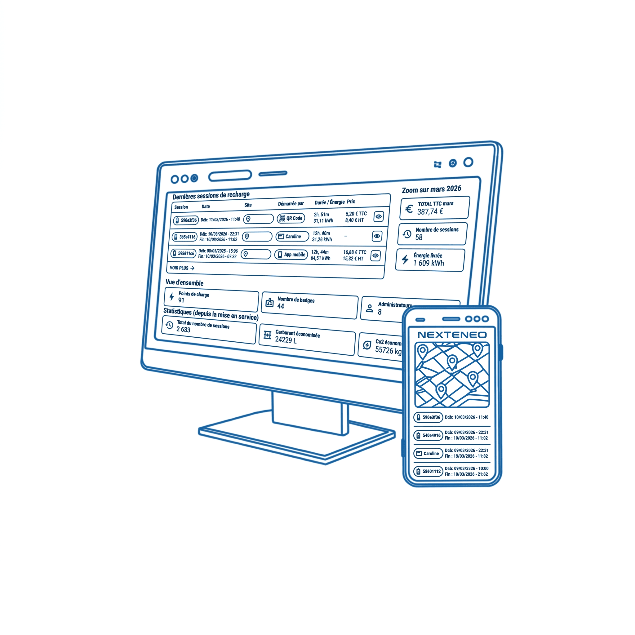 Illustration dessin trait noir sur fond blanc supervision des bornes