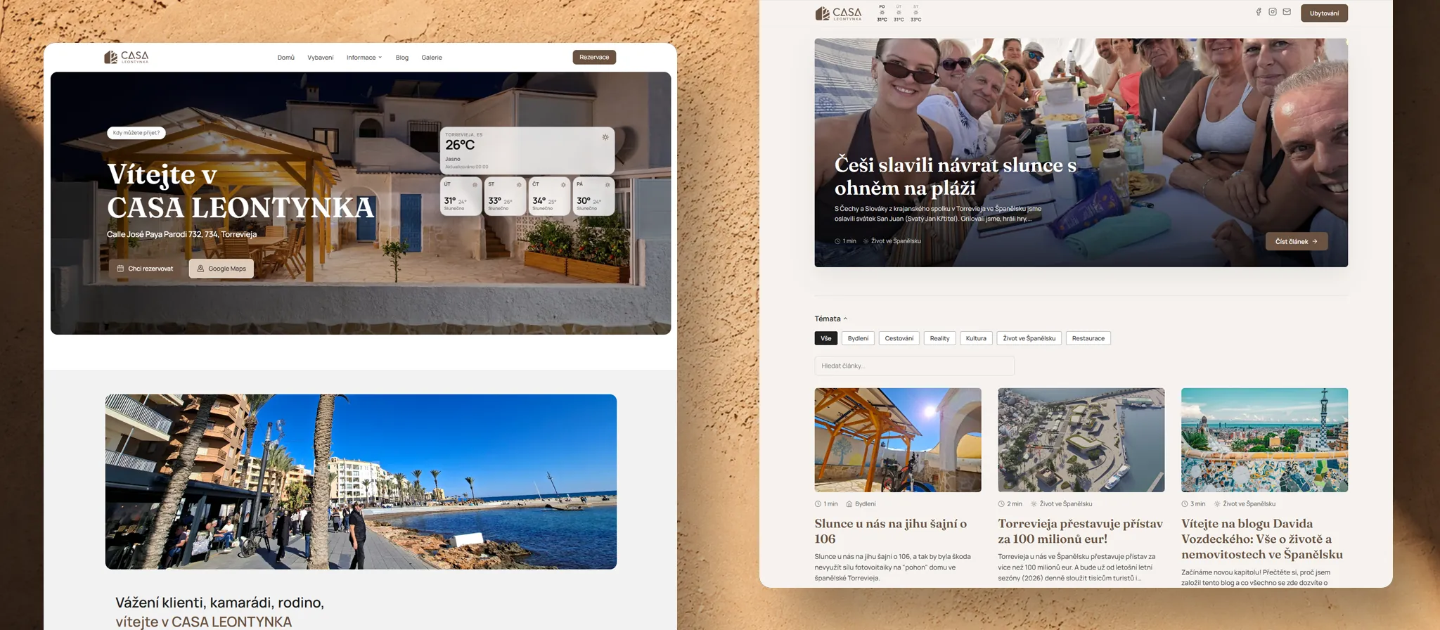 Případová studie tvorby moderního webu pro ubytování ve Španělsku s vlastním systémem přímých rezervací a integrovaným widgetem počasí.