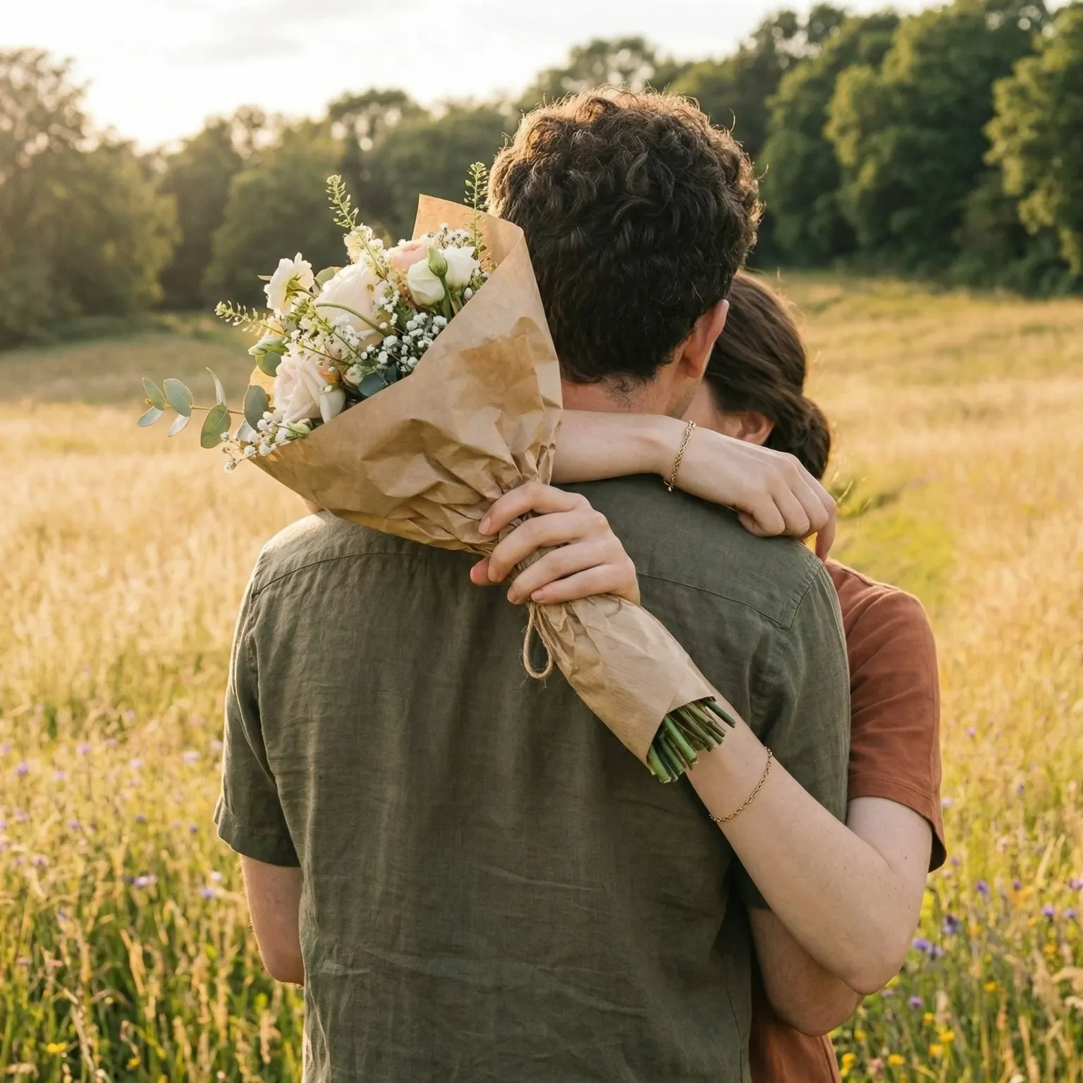 Couple hugging in a meadow at sunset while the man holds a bouquet of flowers.