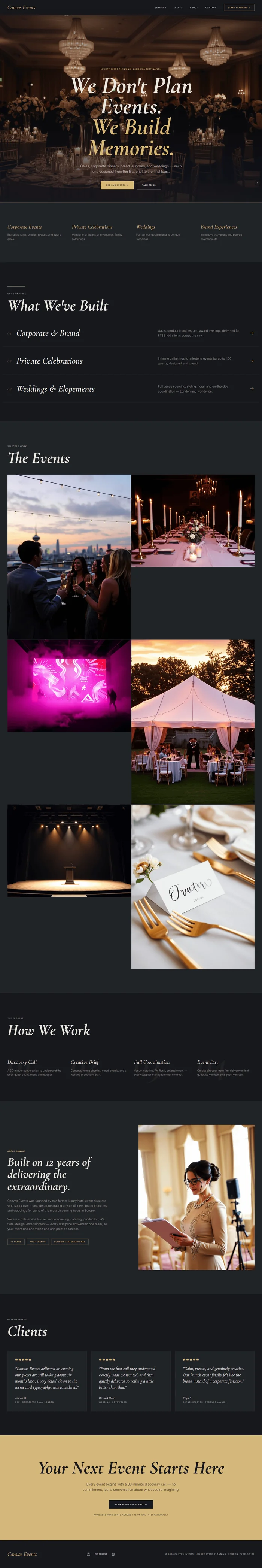 Event planner website prompt full preview — deep charcoal #161820 background with champagne gold #d4b87a accent and warm ivory text, Cormorant Garamond 700 italic cinematic hero headline centered at bottom of full-viewport gala event photography with dual top-and-bottom dark gradient, four animated gold-bordered service chips sliding in from left, three hover-raise event type rows with gold right arrows, and two-column masonry gallery with six images alternating portrait and landscape with dark editorial hover overlays showing event name and year