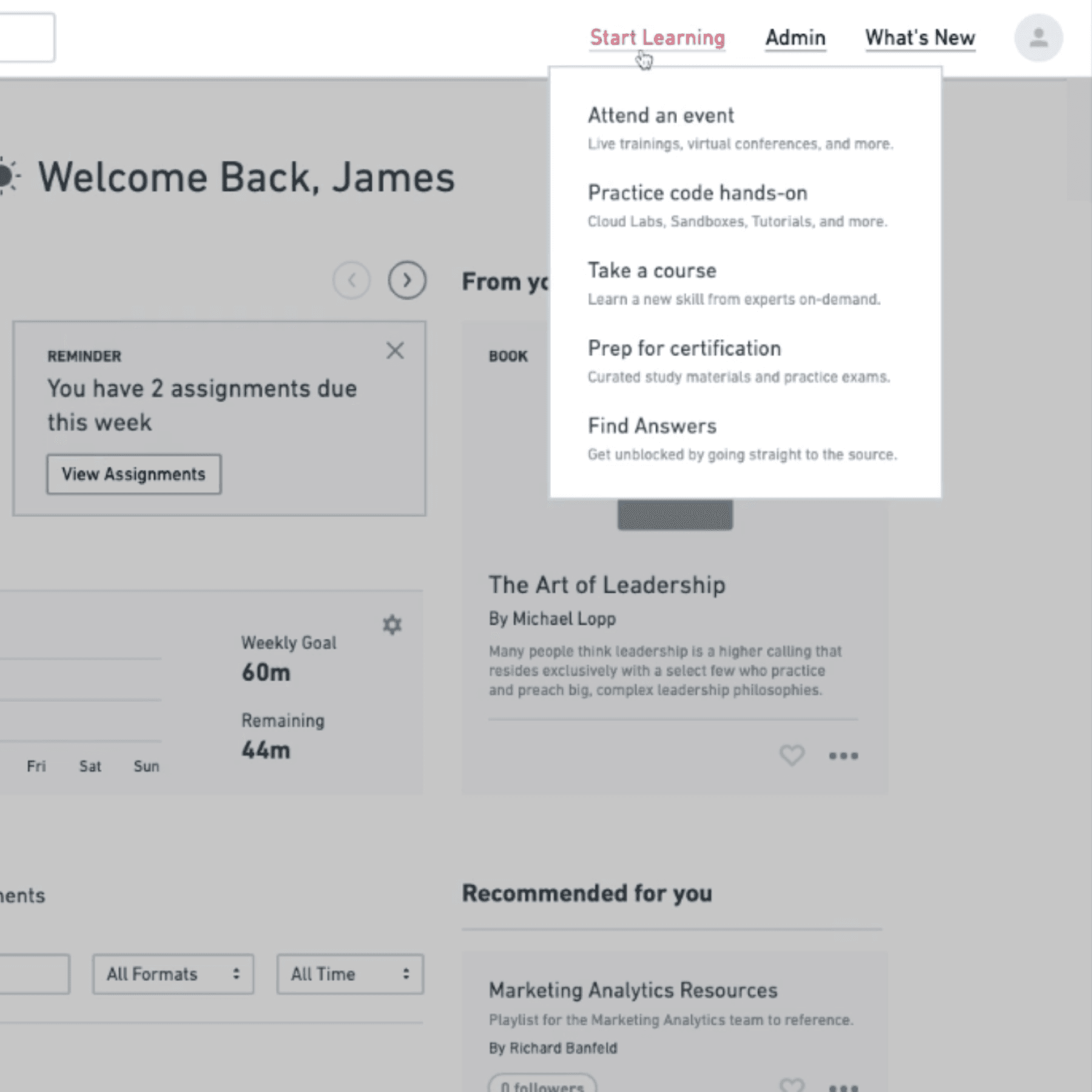 wireframe image of start learning menu