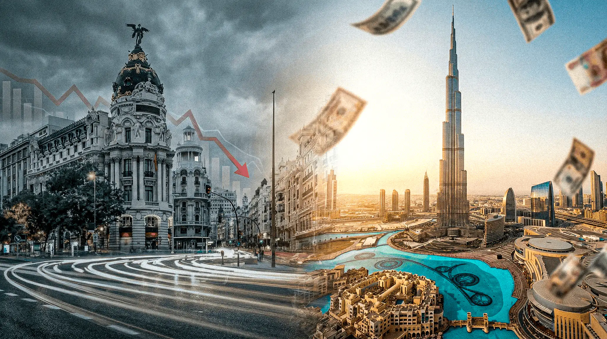 Comparación visual entre la ciudad de Madrid con indicadores de caída económica y el skyline moderno de Dubái