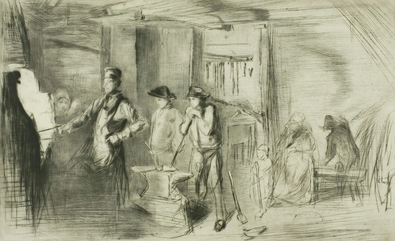 A black-and-white illustration showing figures near a rock wall with abstract markings or carvings.