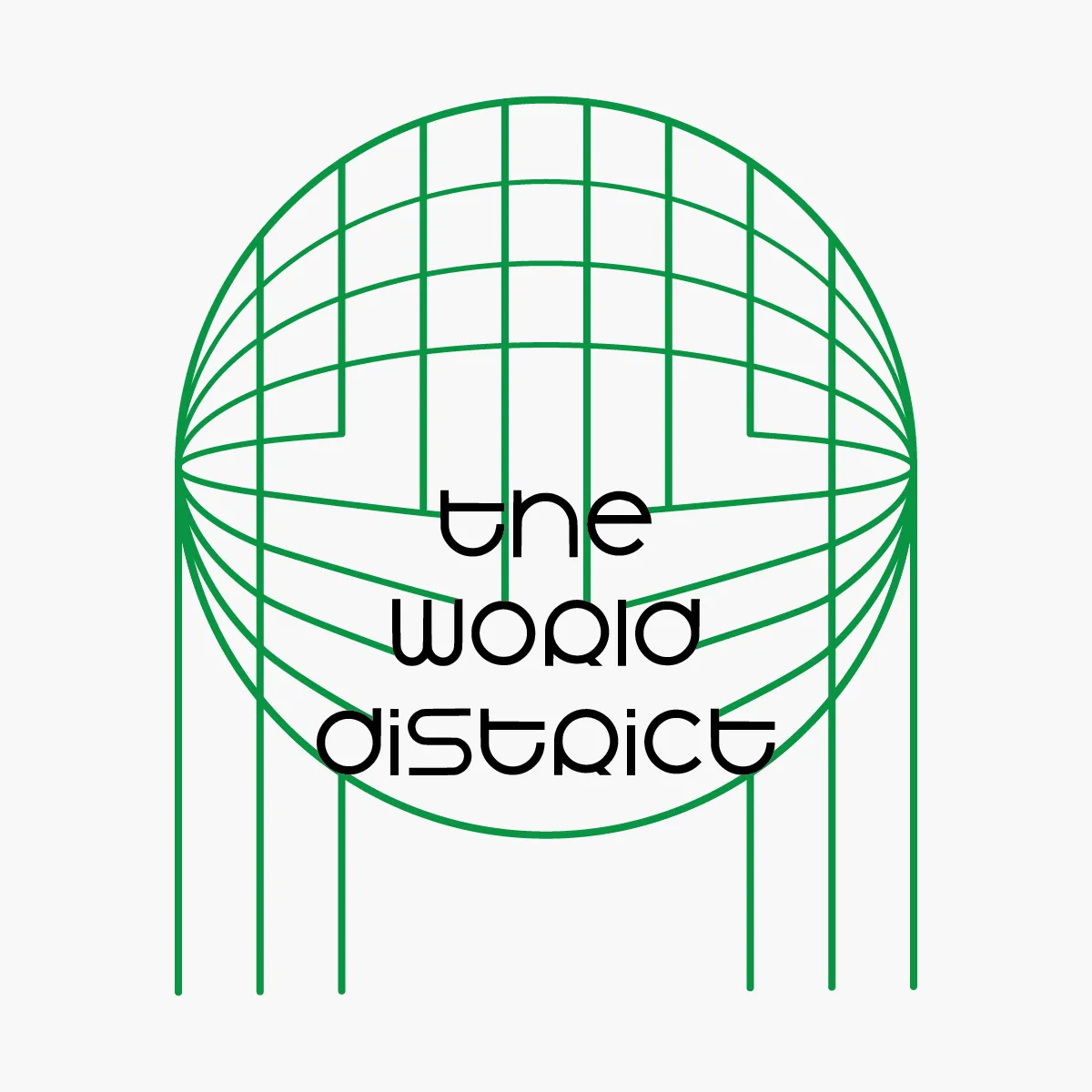 100 Logos #72: The World District wordmark inside a green wireframe globe