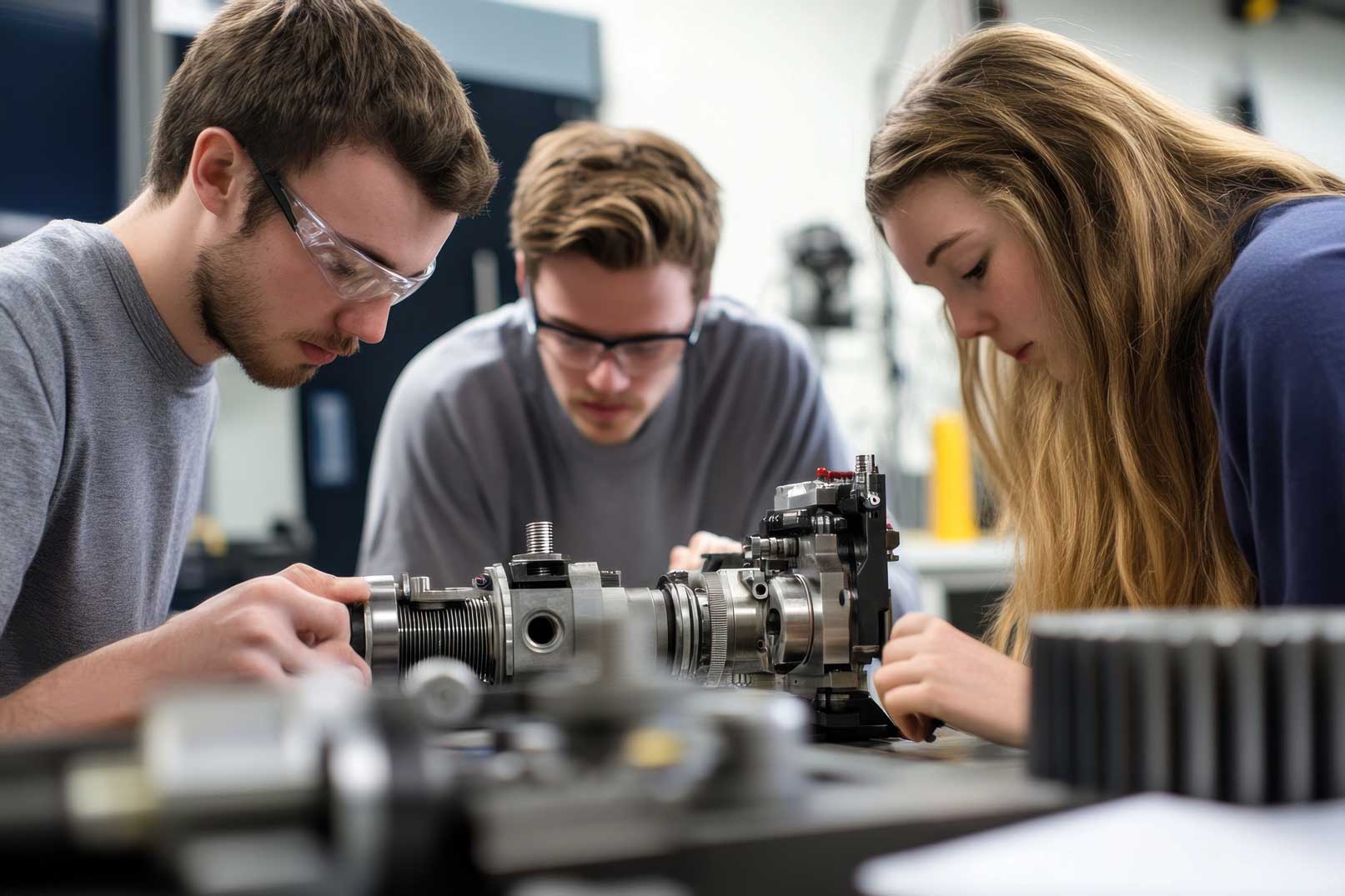 Students work together on a machine in the laboratory. Engineering studies.