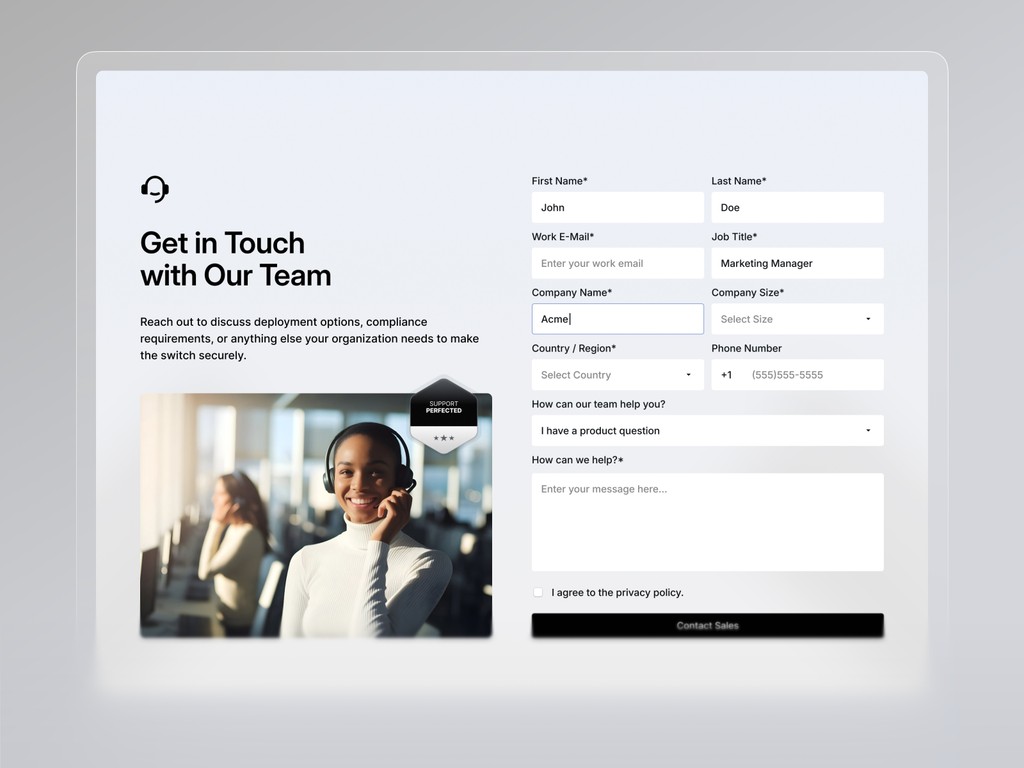 Customer support contact form UI for Mention platform with clean input fields and supportive team visuals