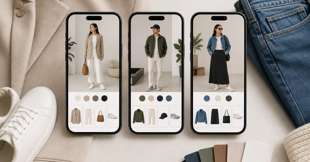 Three phones showing different image-led outfit planning interfaces beside a blazer, denim, sneakers, and color swatches