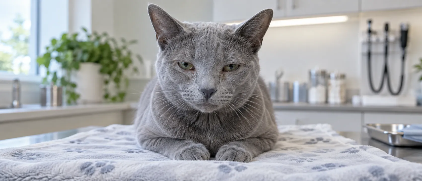 A grey cat lying on a blanket in a kitchen, looking unwell.