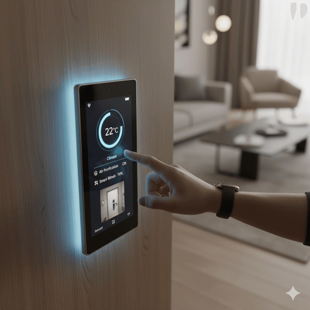 Sleek smart home automation panel for VRV climate control in modern luxury apartment