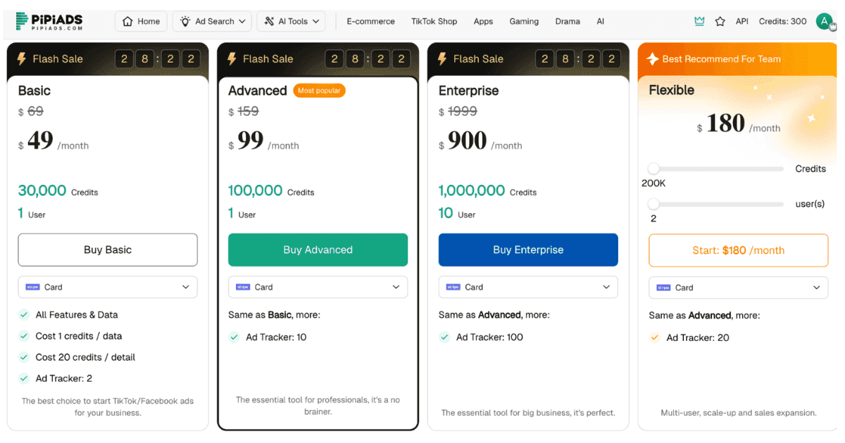 PipiAds pricing page with Basic, Advanced, Enterprise, and Flexible monthly plans and credit details