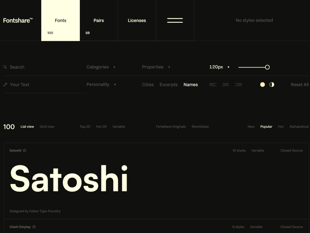 Fontshare website hero section font settings and the Satoshi font below