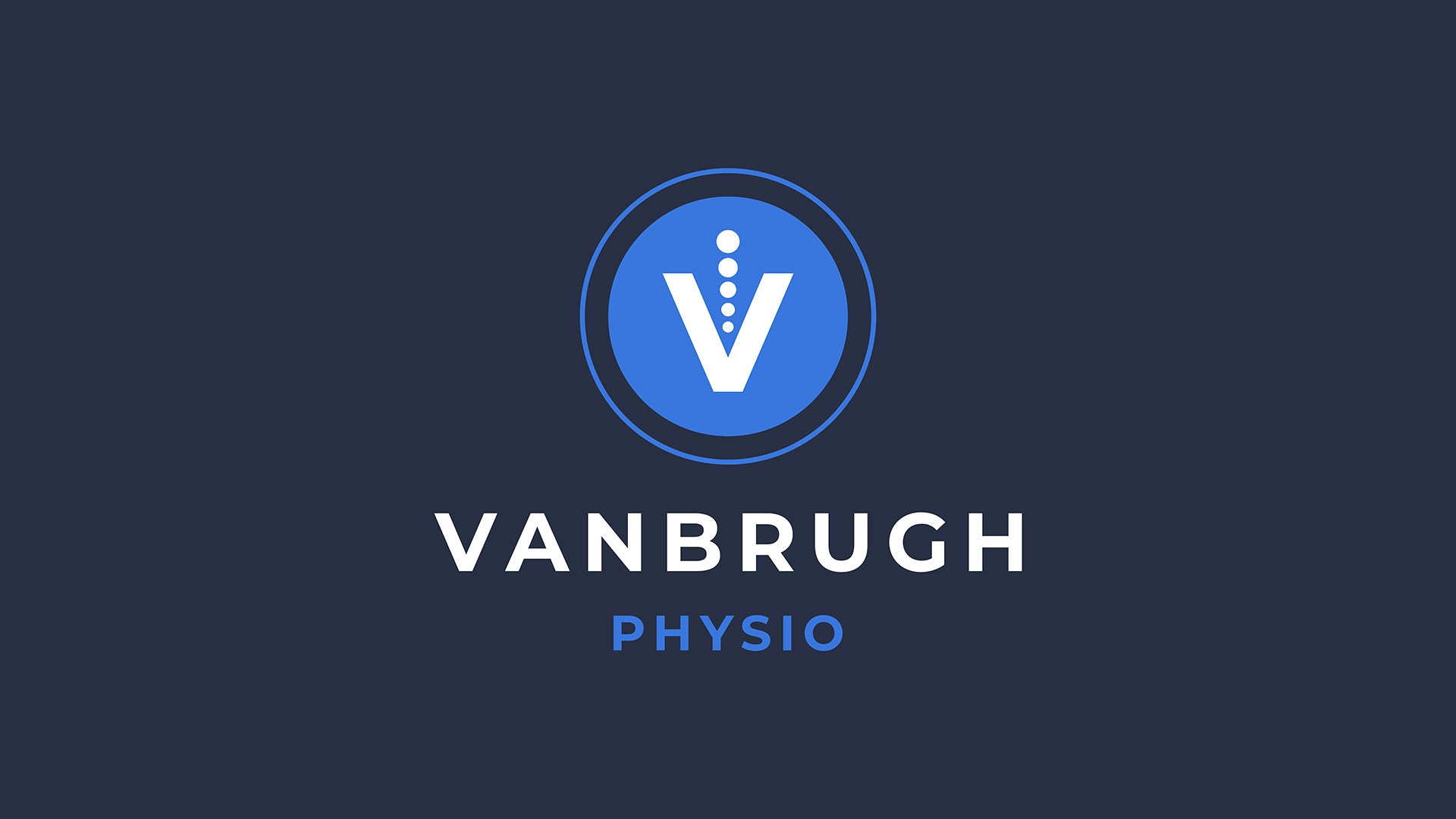 Vanbrugh Physio logo vertical stack in reverse scheme white and blue