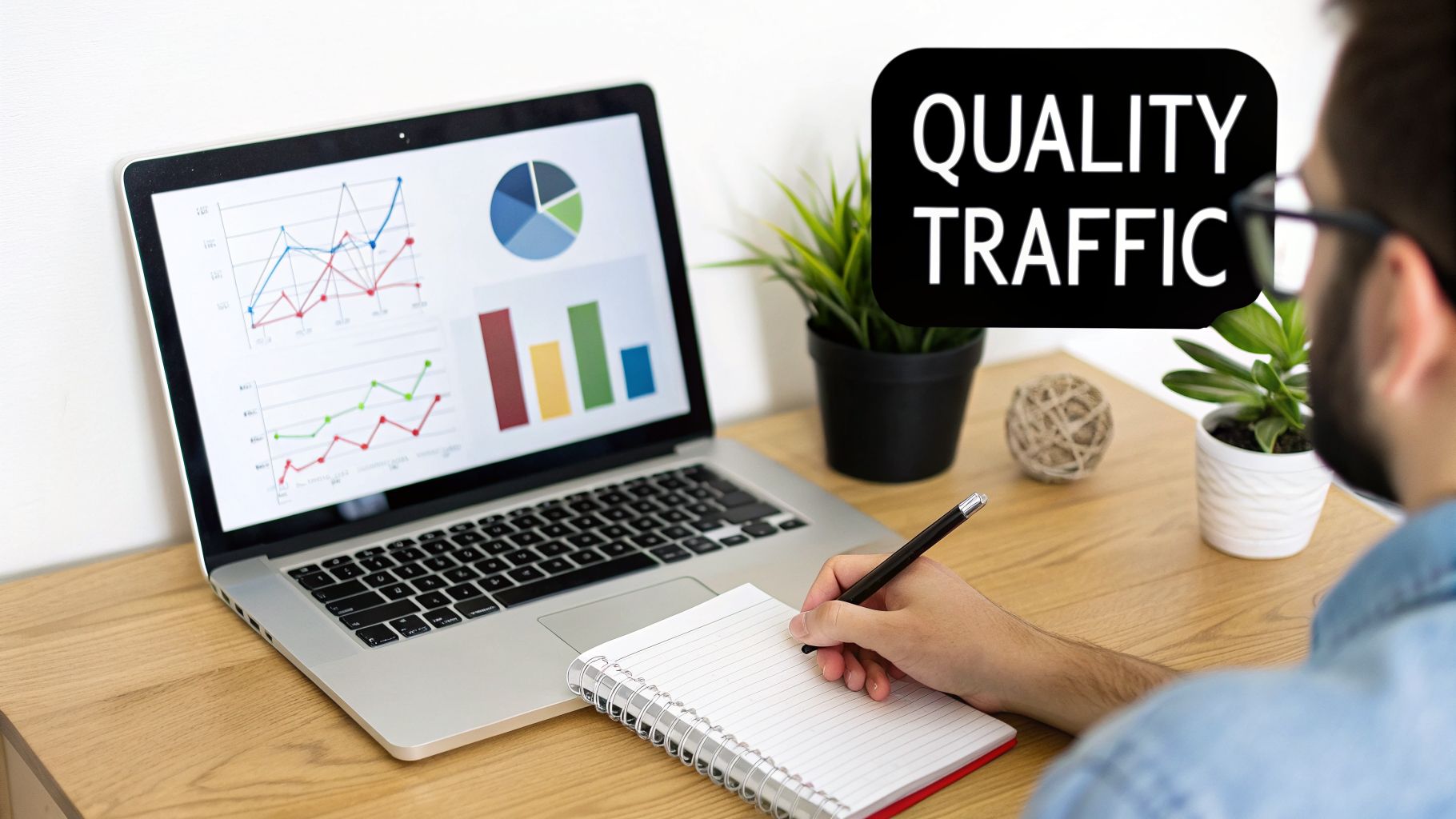 A person reviews website analytics on a laptop, taking notes at a desk with 'QUALITY TRAFFIC' text.