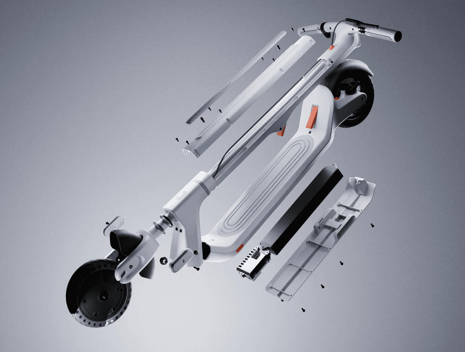 Exploded render of an electric scooter frame demonstrating product architecture, manufacturability, and component assembly.