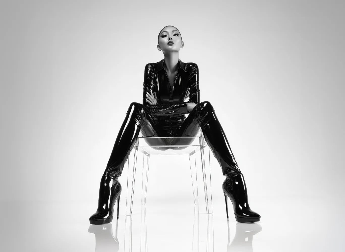 Model wearing a black glossy outfit seated on a transparent chair in a studio
