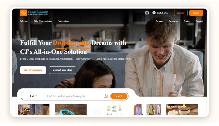 CJ Dropshipping homepage, a logistics platform for automating and managing international dropshipping