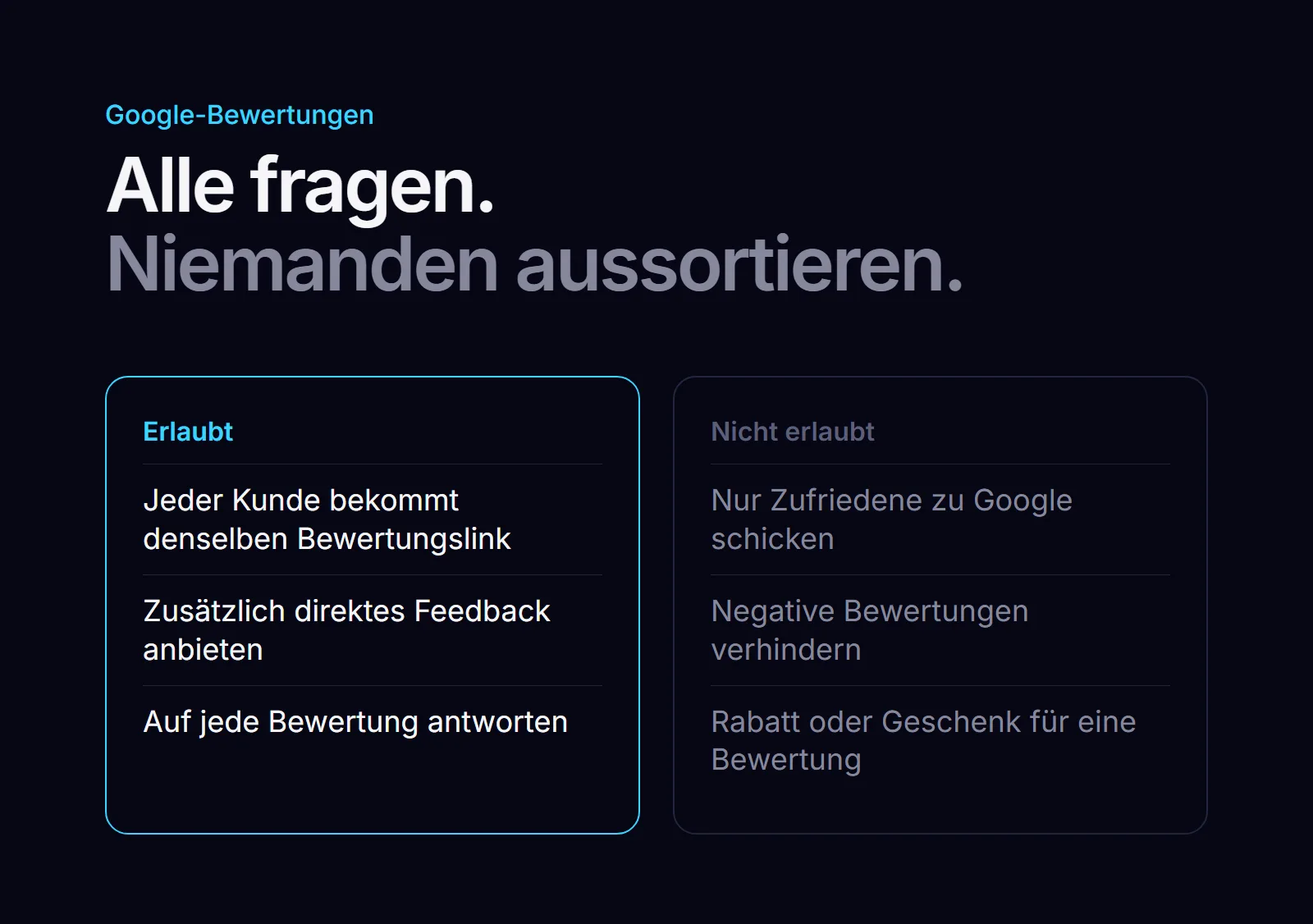 Erlaubt und nicht erlaubt bei Google-Bewertungen: gleicher Link für alle ist erlaubt, Weiche und Belohnung nicht