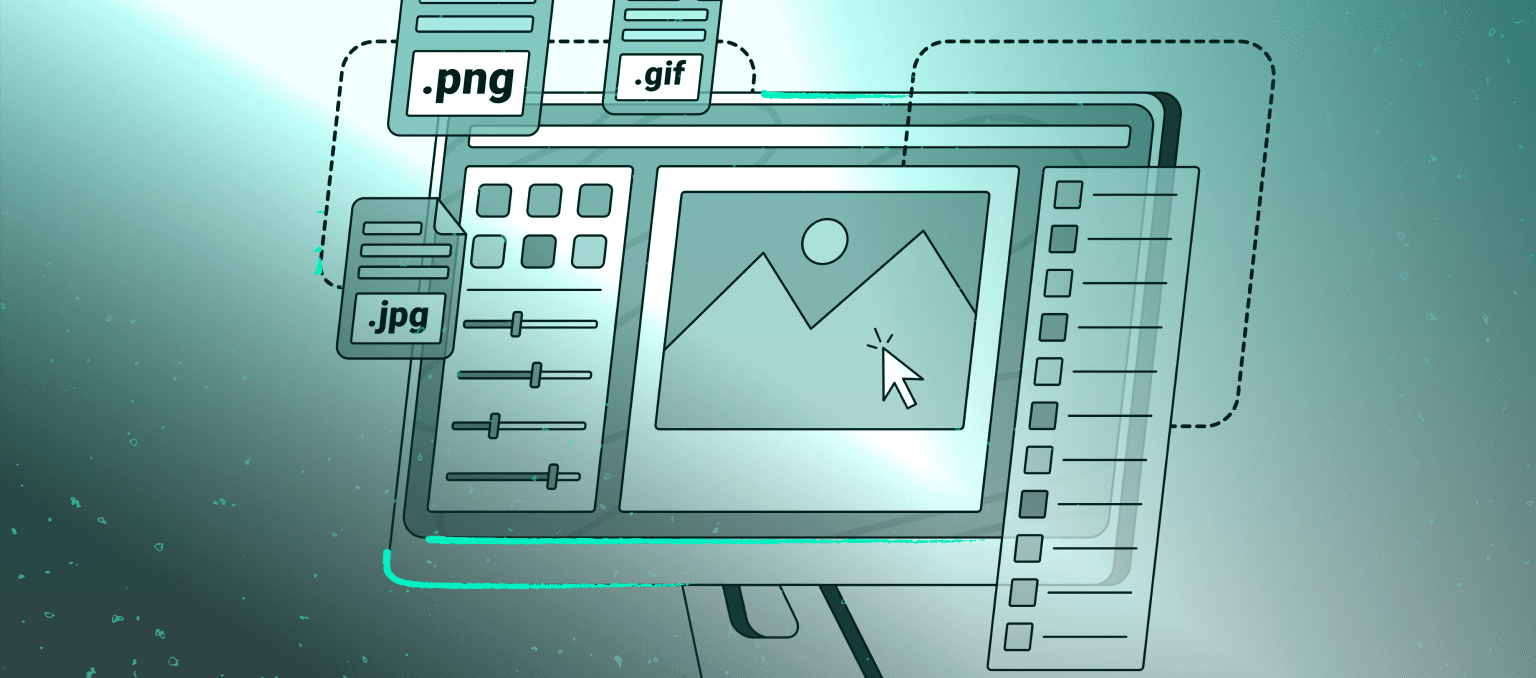 Illustration of an email design interface with image file formats (PNG, JPG, GIF) and editing controls, representing how image assets impact email size and performance.