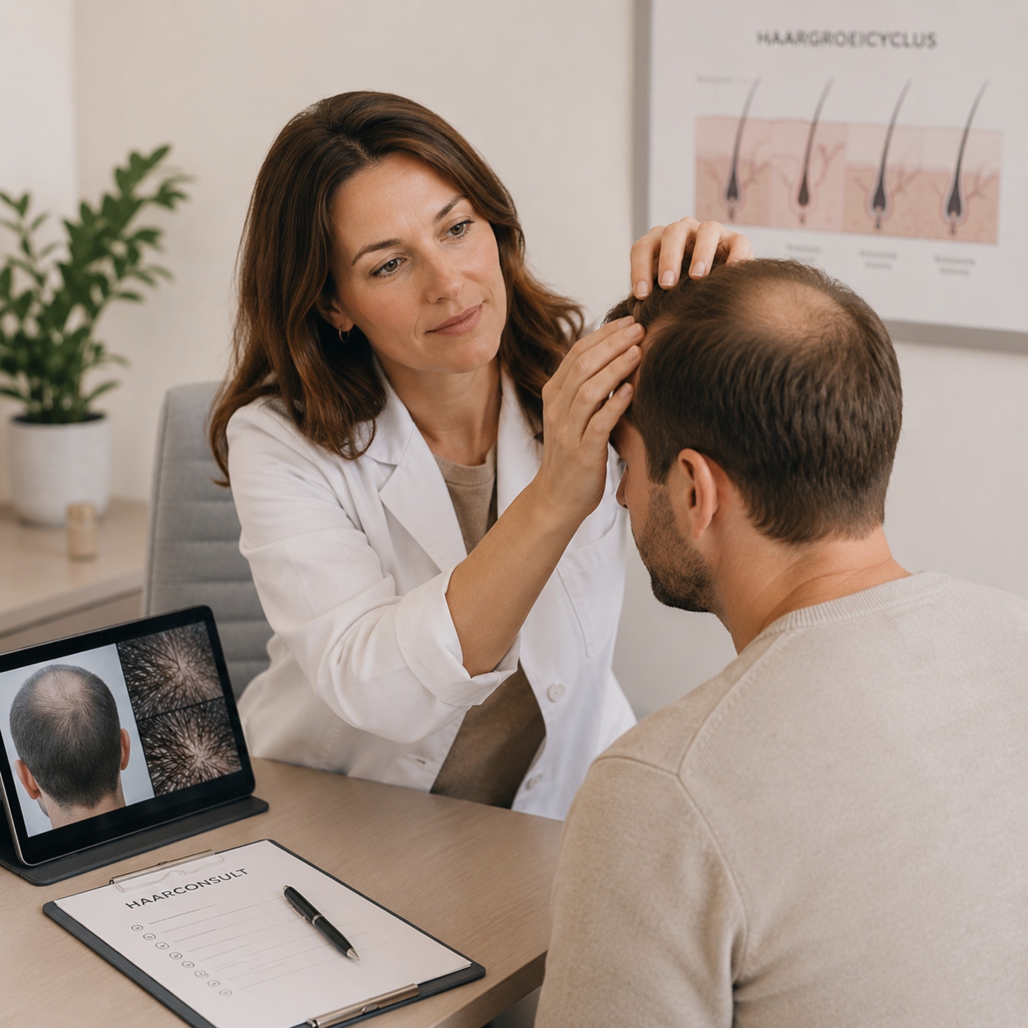 Specialist onderzoekt de hoofdhuid van een patiënt tijdens een medisch haarconsult om de oorzaak van haarverlies vast te stellen.