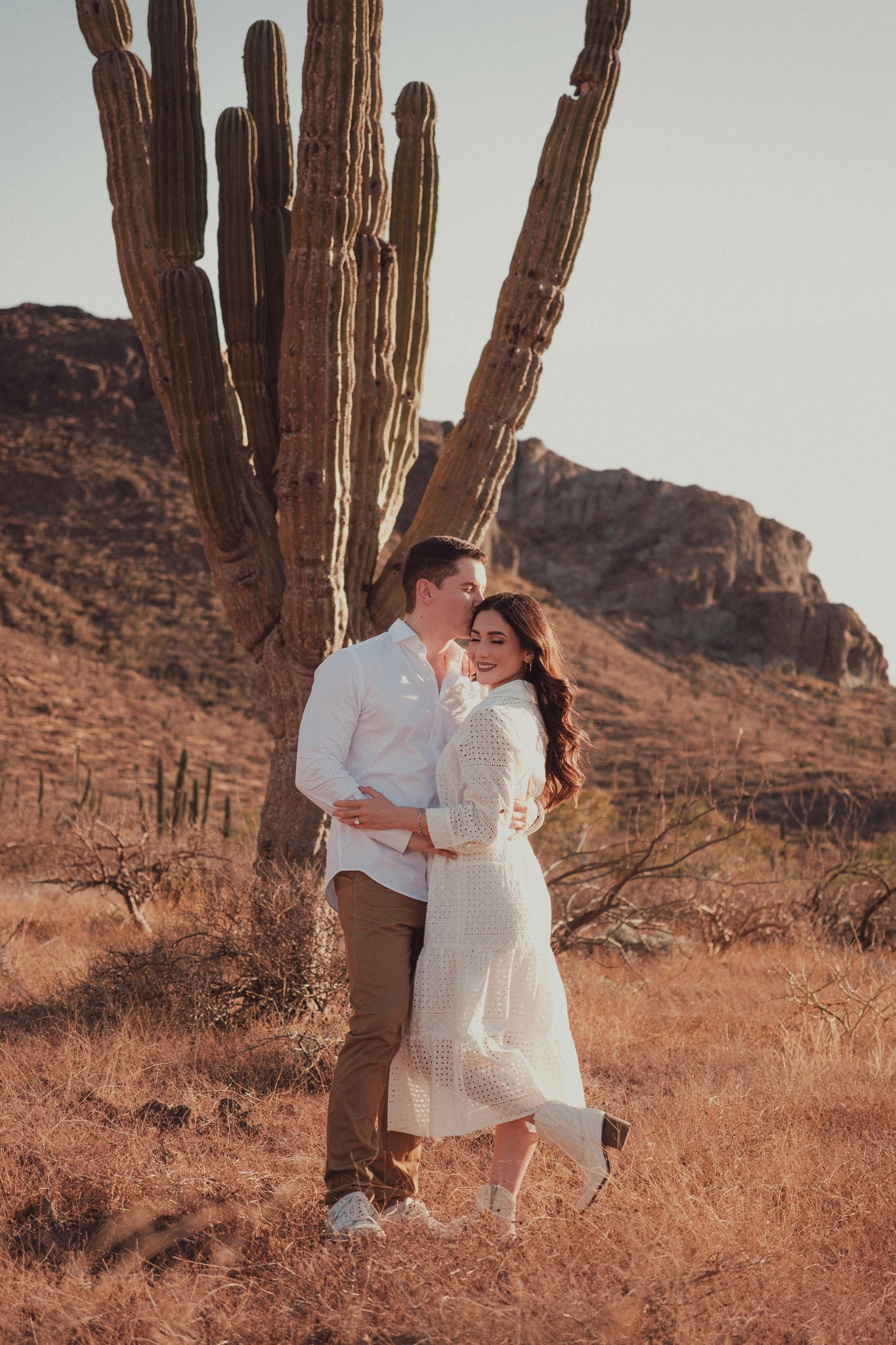 A man kisses his partner’s forehead beneath a giant saguaro cactus in a golden desert at sunset