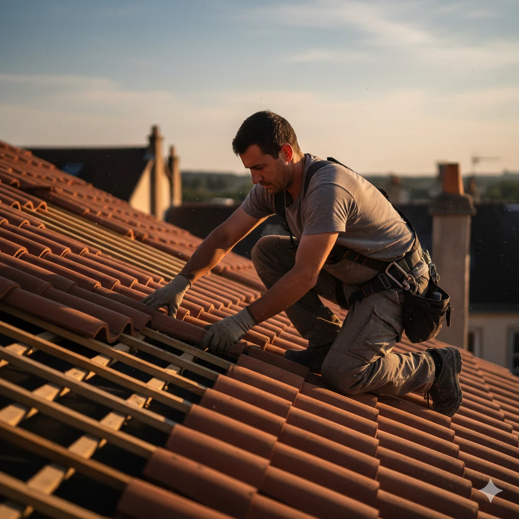 Couvreur posant des tuiles en terre cuite sur une toiture en rénovation