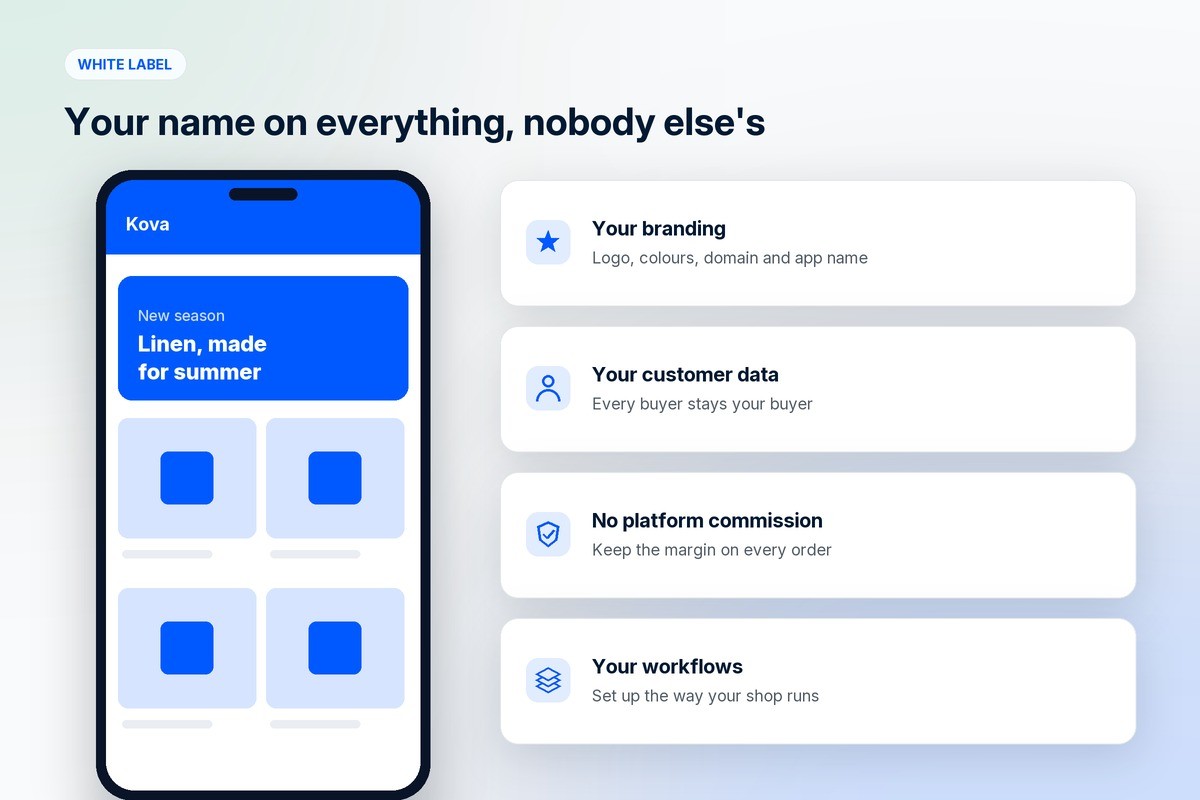 A branded store app with your own name, alongside your branding, customer data, no platform commission and your own workflows