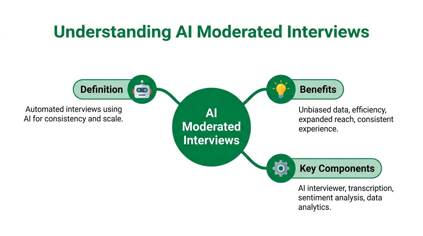A diagram illustrating AI moderated interviews showing definition, benefits, and key components with icons.
