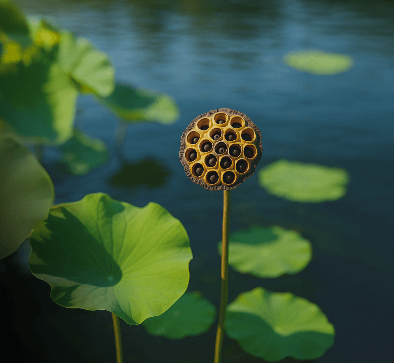 Lotus seed pod on a stem above water with broad green leaves in the background.