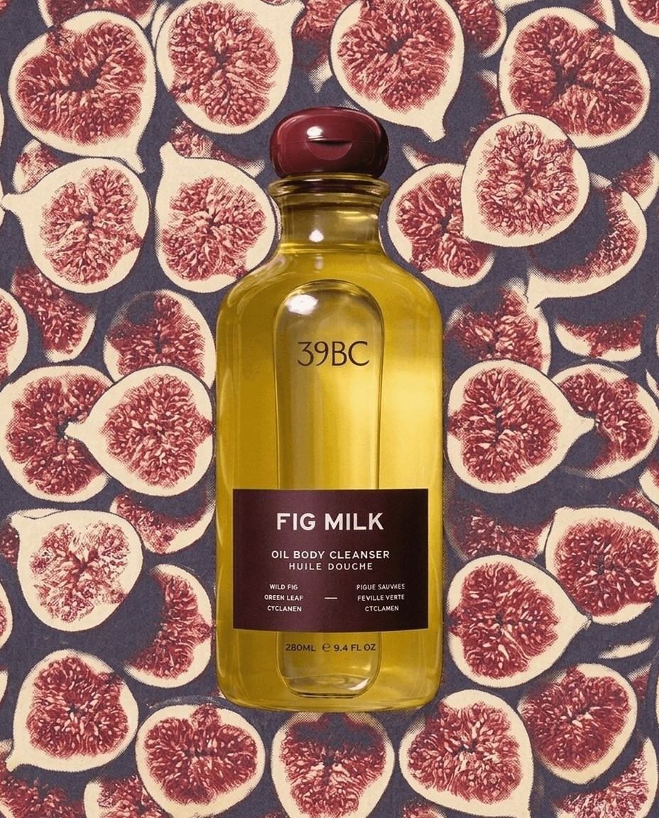 Fig Milk bottle on a pattern of halved figs
