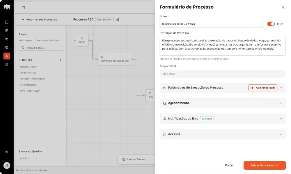Construtor de Processos harpix NXT GEN com editor de fluxo. O formulário exibe nome, processo, parâmetros de execução, etc