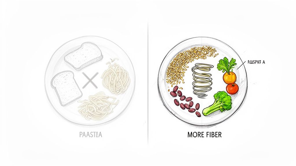 Visual comparison of a low-fiber meal (bread, pasta) against a high-fiber meal with grains, beans, and vegetables.