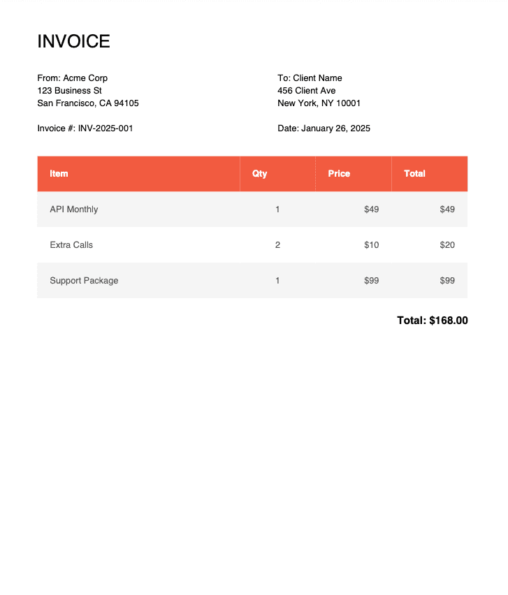 Invoice generated using only jsPDF