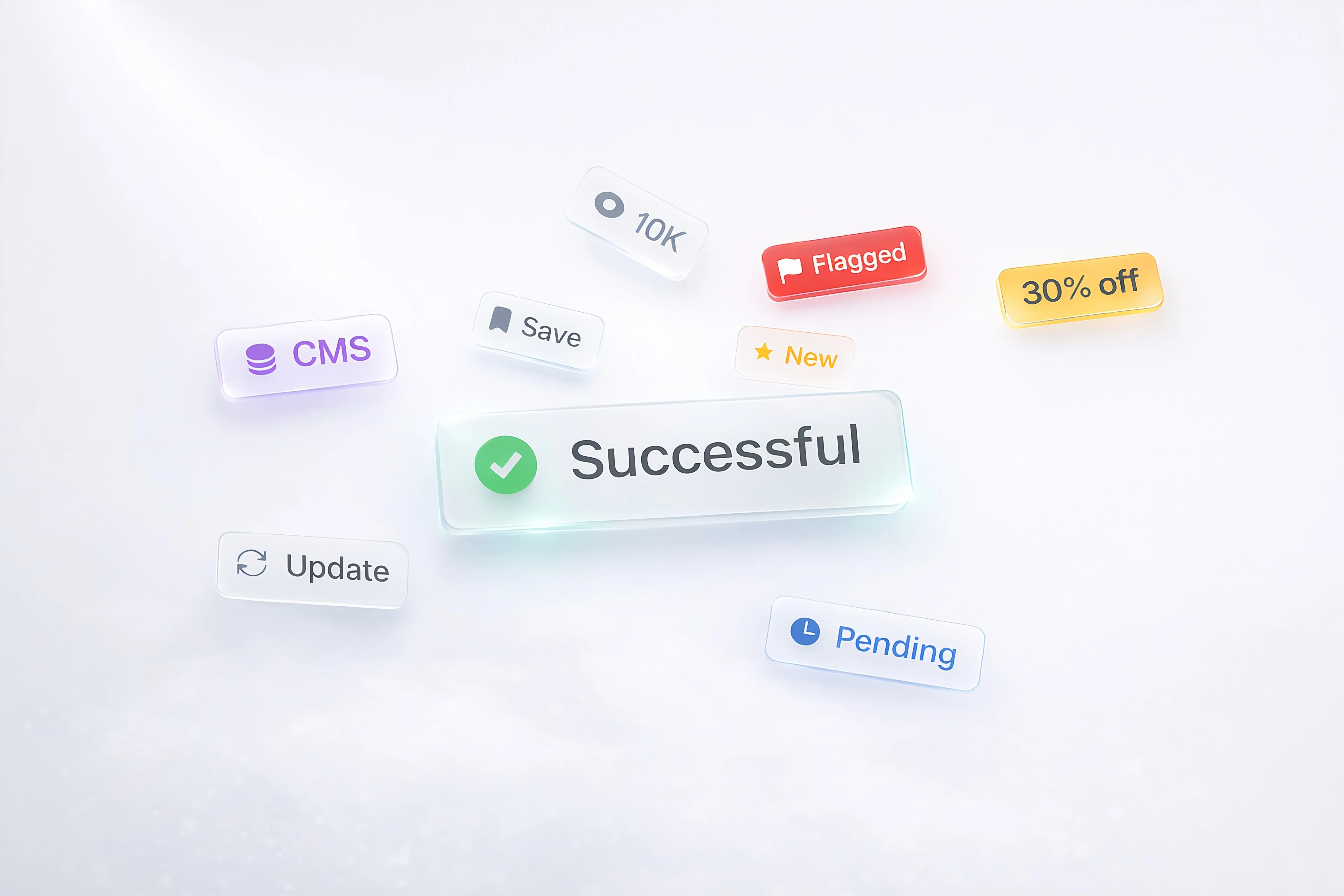 Various info badges floating on a light theme background