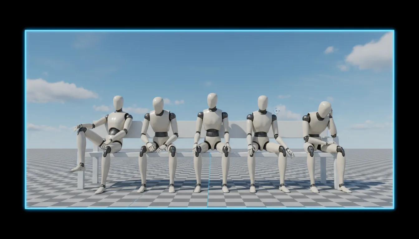 A 3D render from the Unreal Engine 5 editor viewport, showcasing five articulated Unreal Engine mannequins sitting in a line on a simple white bench. The mannequins are made of glossy, off-white plastic with dark metallic joints, and each is in a different relaxed sitting pose. The scene is set on a grey and white checkerboard grid floor against a bright blue sky with soft clouds, lit by soft global illumination. The entire composition is framed with a thin, glowing blue border against a black background.