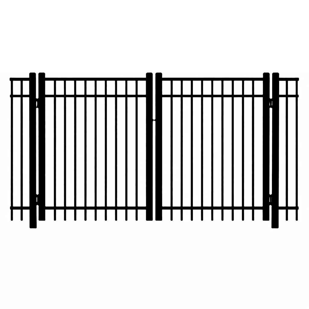 Black-and-white illustration of a straight flat-top aluminum double drive gate.