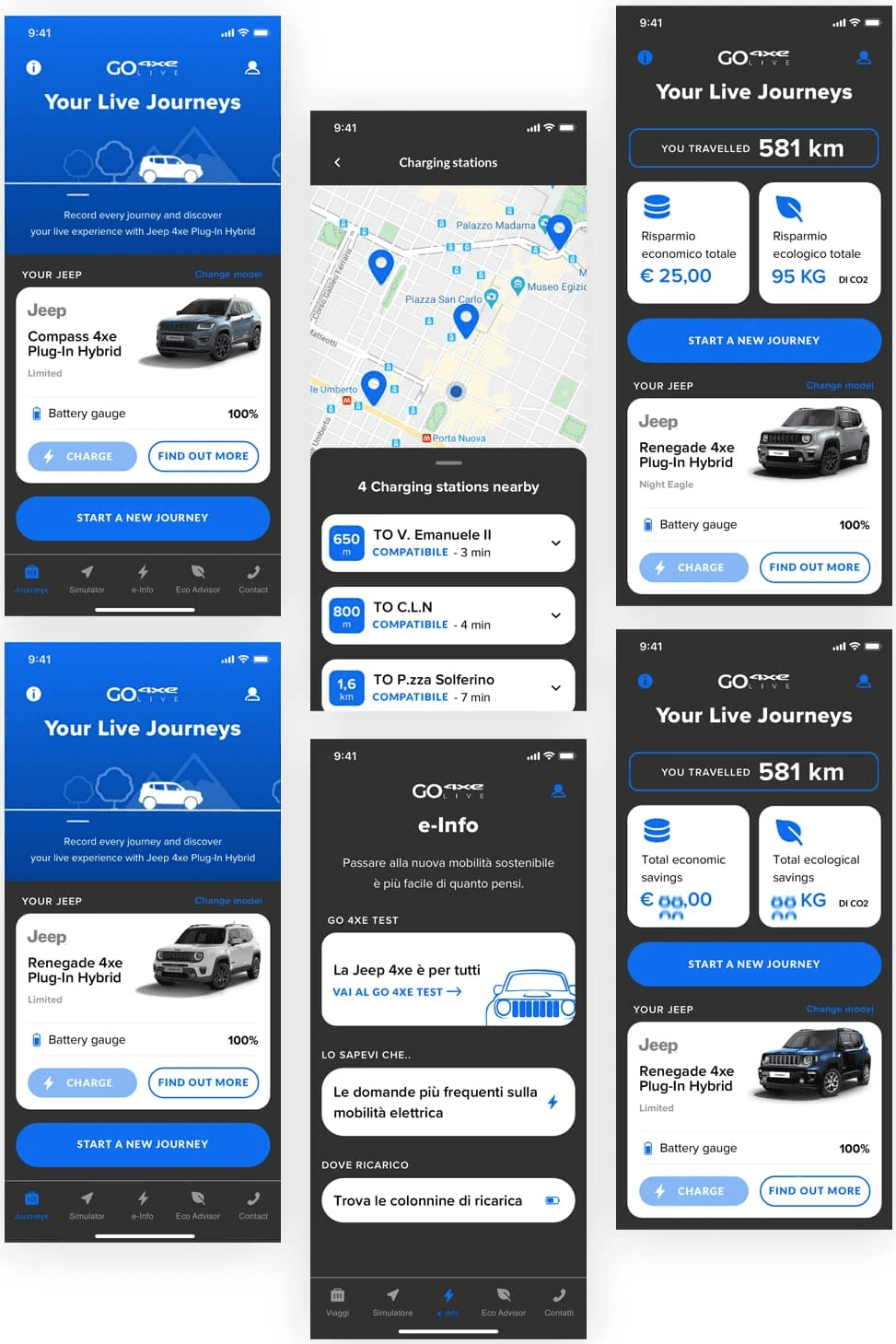 Schermate dell'applicazione GO 4xe LIVE che presentano feature simili a quelle descritte per GOe LIVE