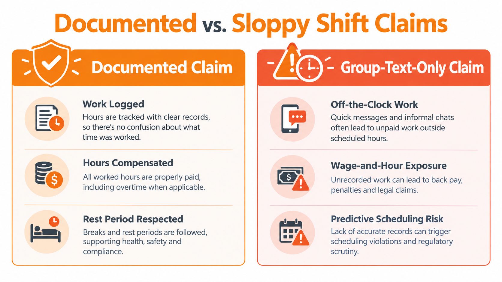 A comparison chart showing the benefits of documented work shifts versus the risks of group text claims.