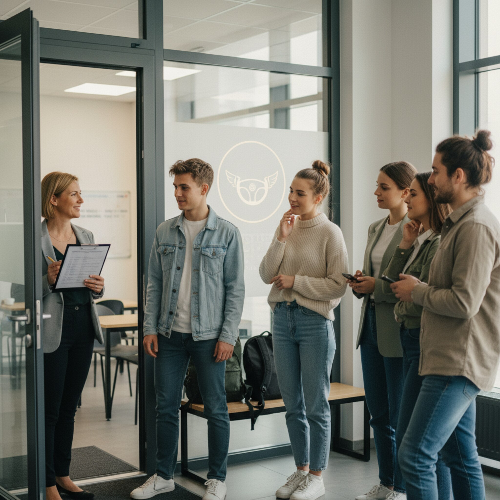 Vor einem Kursraum begrüßt eine Fahrlehrerin nacheinander Schüler und prüft eine gedruckte Teilnehmerliste. Einige warten gelassen, andere plaudern leise. Der Ablauf wirkt geordnet, jeder weiß, wann er dran ist. Die Stimmung ist freundlich und fair.