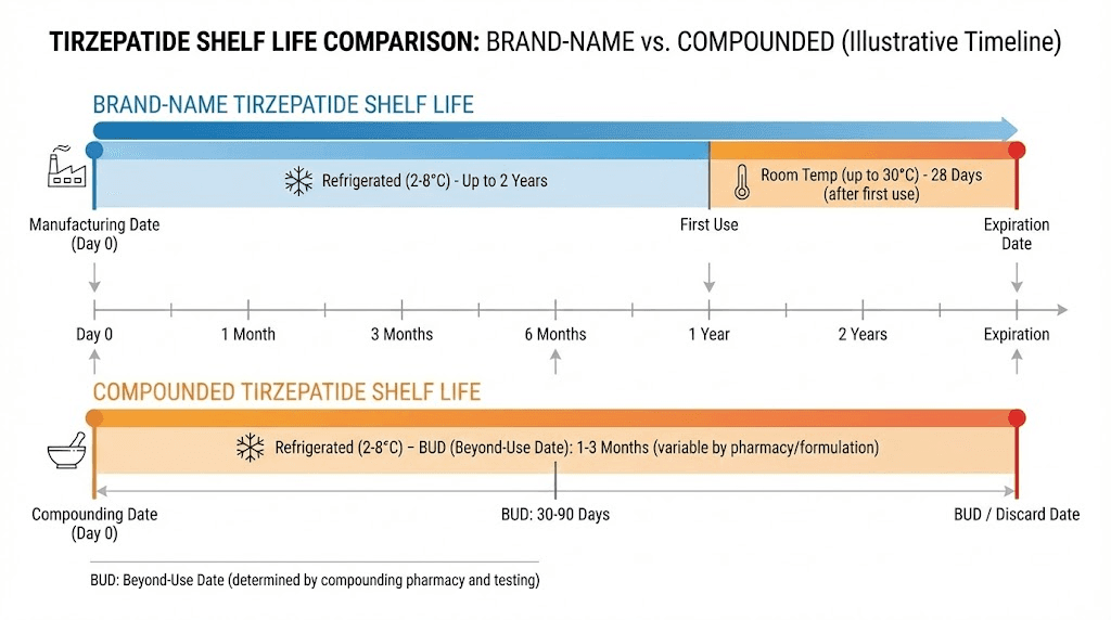 Compounded tirzepatide expiration timeline compared to brand-name Mounjaro shelf life