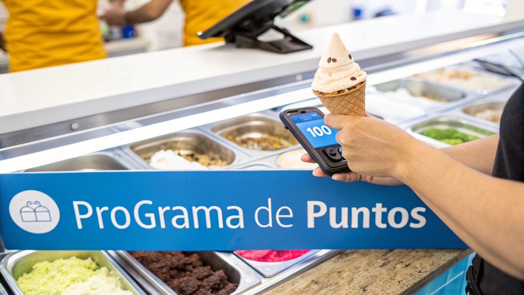 Persona sostiene helado y un móvil mostrando puntos, frente a un cartel de 