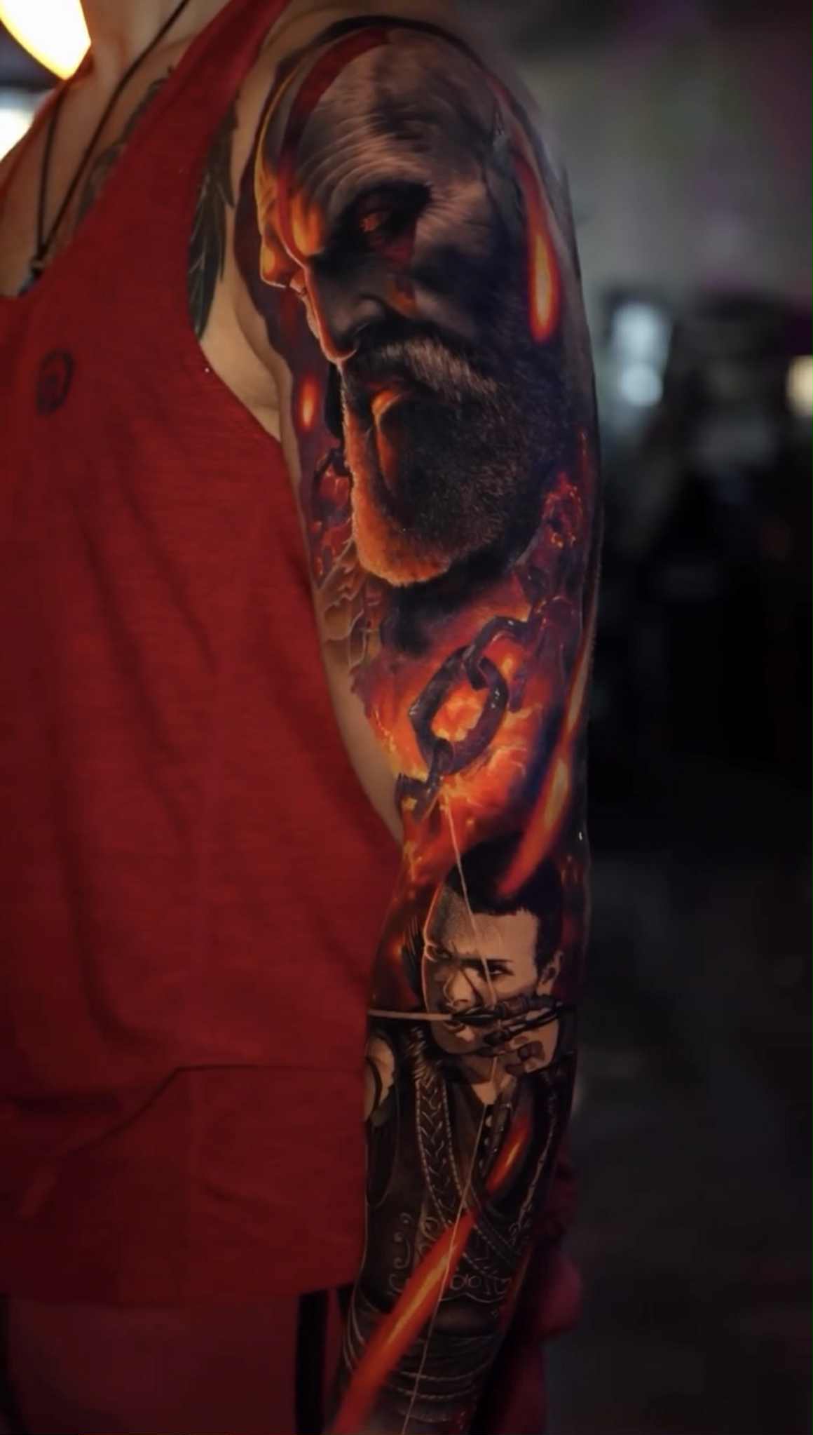 Mythological arm tattoo of Zeus with artistic shading.