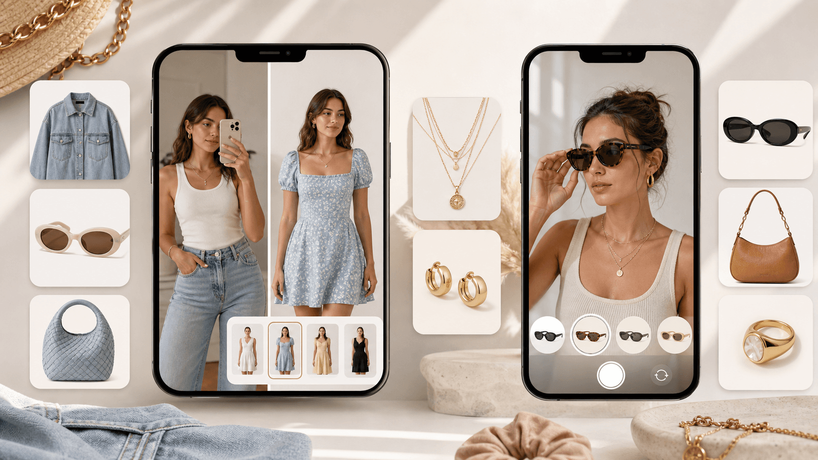 Editorial ecommerce collage comparing AI photo try-on and AR camera try-on shopper workflows