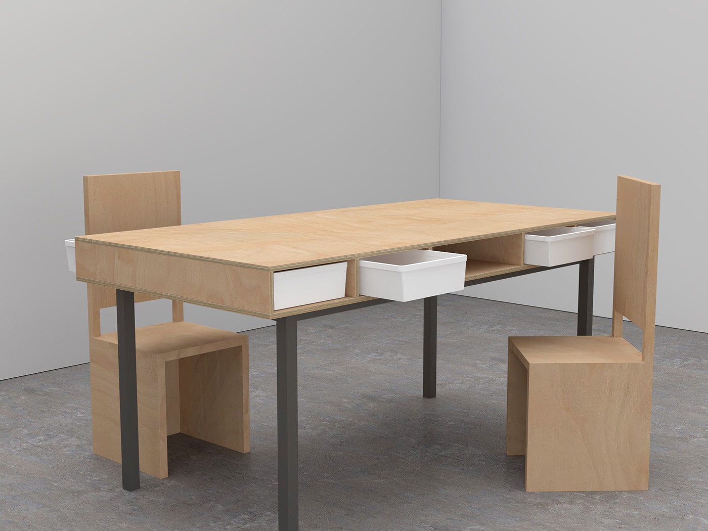 정면과 사이드 뷰에서 본 서랍 장착 상태의 Draw Table – 이동식 서랍 모듈 결합, Studio Underscore