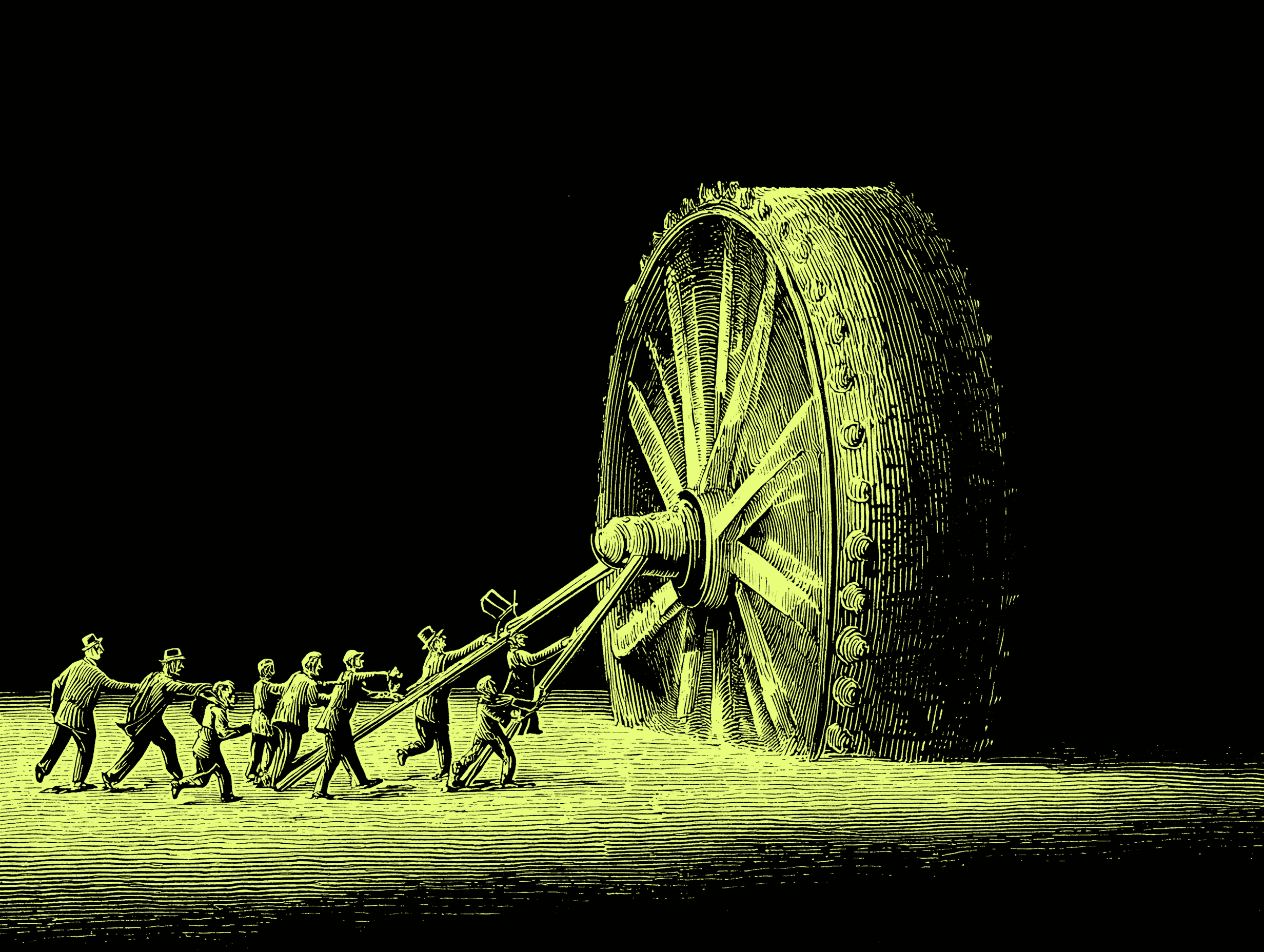 Ilustración de varias personas empujando una gran rueda, simbolizando el esfuerzo colectivo necesario para impulsar el crecimiento.