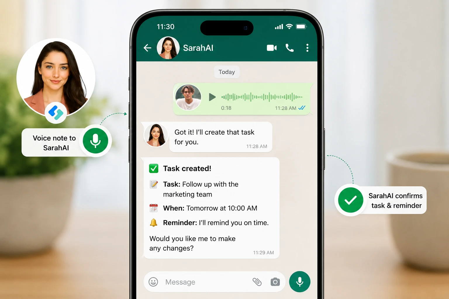 SarahAI confirming a task creation and reminder directly inside a WhatsApp chat thread