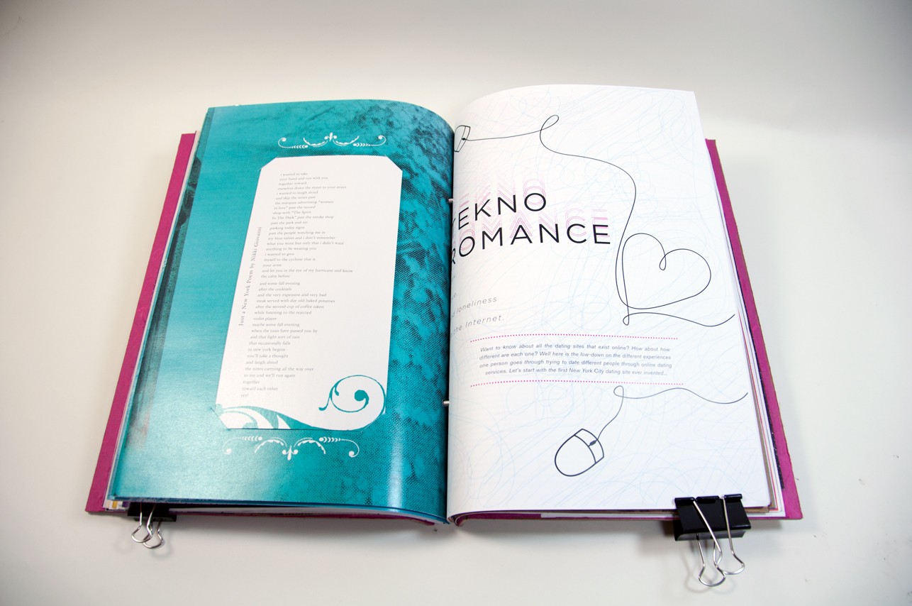 an opened book with the right side with a drawing of a heart shape and a mouse and curved lines, and on the left side is a text in a tall rectangle