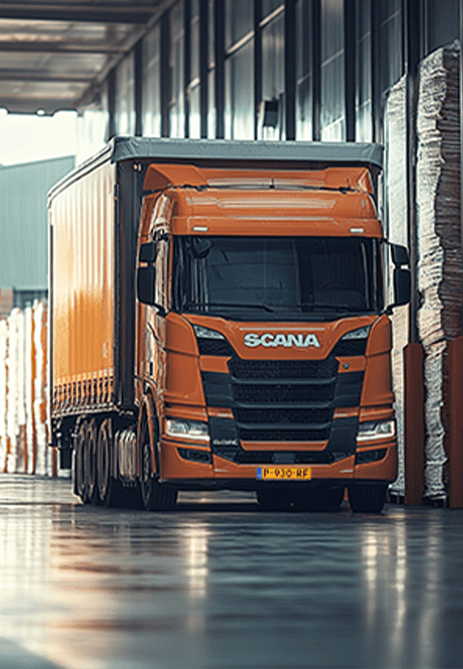 Orange truck that stands in front of an open warehouse. It is dark and raining. 