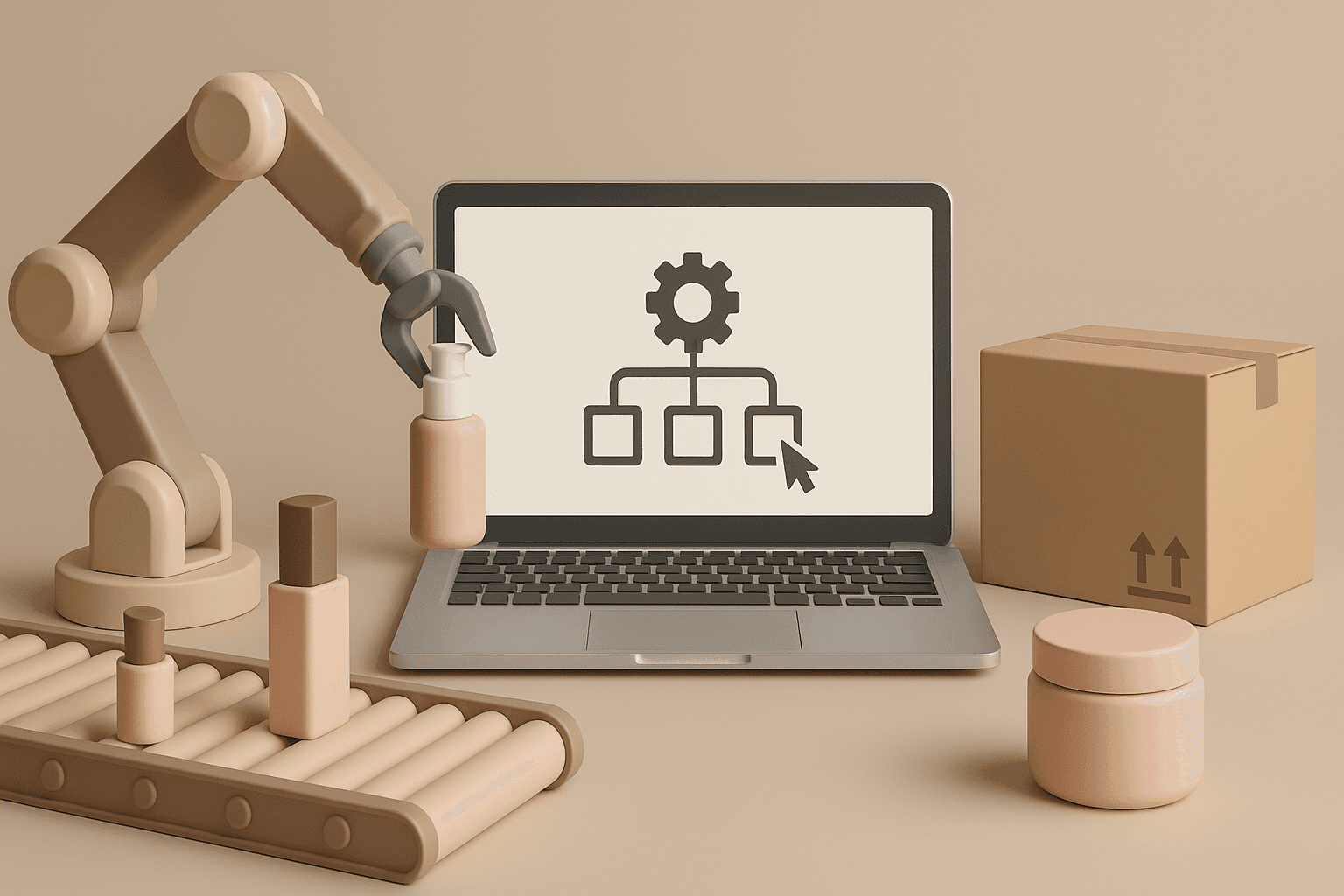Cena 3D minimalista mostrando um braço robótico manipulando frascos de cosméticos sobre uma esteira, ao lado de um laptop que representa automação de processos e uma caixa de envio. A composição remete a operações automatizadas no setor de cosméticos, com estética clean, tons suaves e profundidade realista.