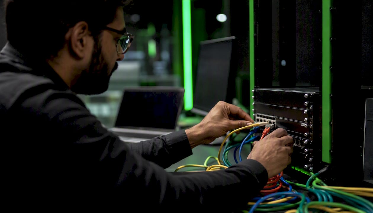 Hands connecting network cables on circuit board in UAE lab